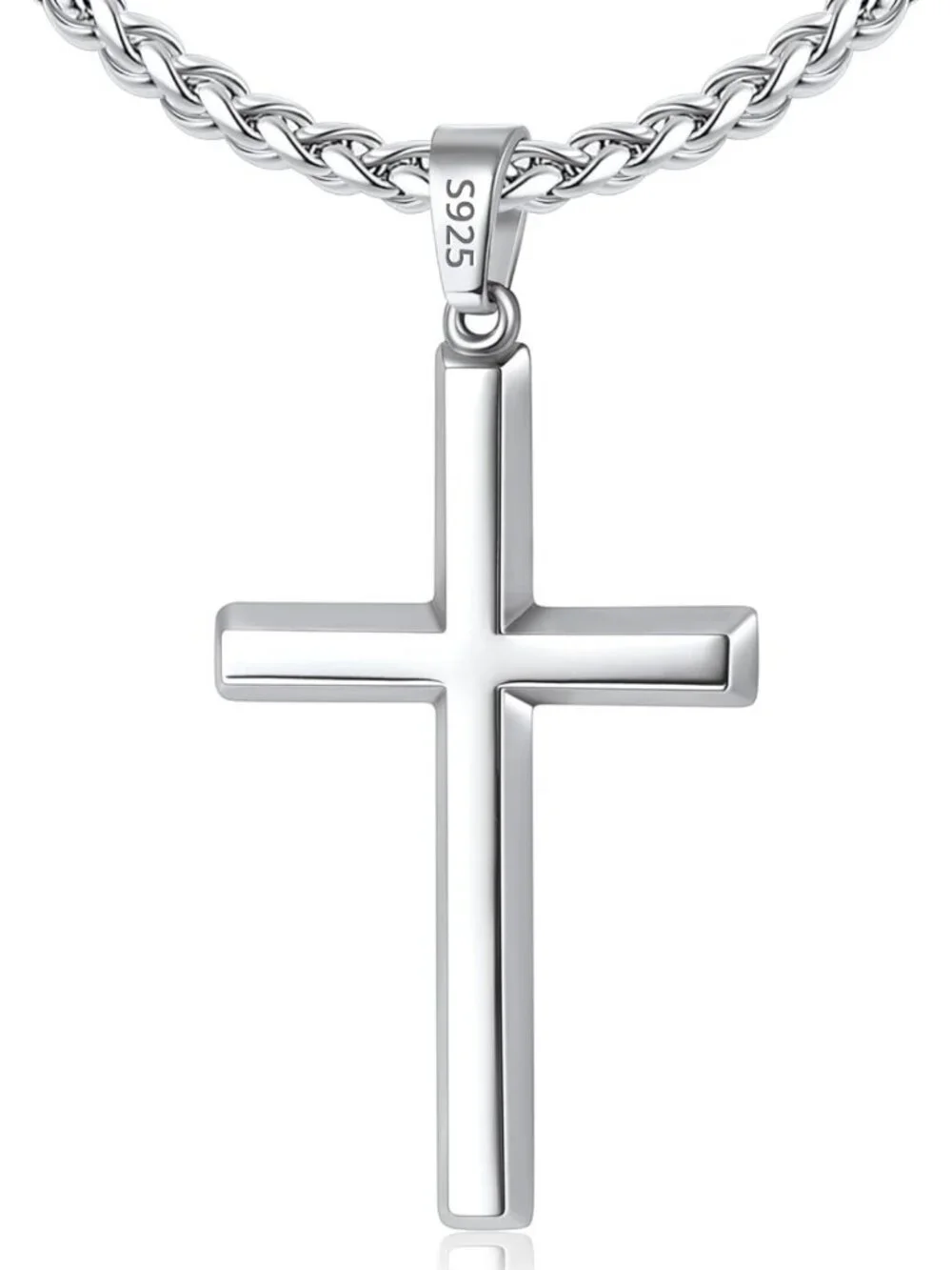Men's 925 Sterling Silver Cross Necklace, Gold Plated with Wheat Chain, Gift